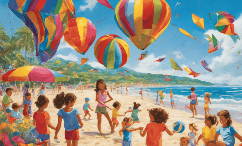an image capturing a vibrant beach scene: children building sandcastles, parents playing volleyball, and grandparents strolling along the shore, all under a clear blue sky dotted with colorful kites