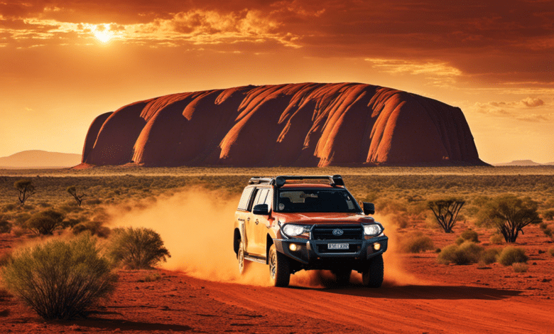 An image capturing the vast Australian Outback, showcasing a rugged 4x4 vehicle traversing red dusty terrain, with kangaroos hopping in the background and a stunning Uluru towering in the distance