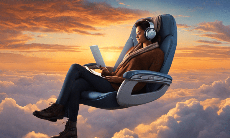 An image of a traveler comfortably reclined in a spacious airplane seat, wearing noise-canceling headphones, with a cozy blanket draped over them