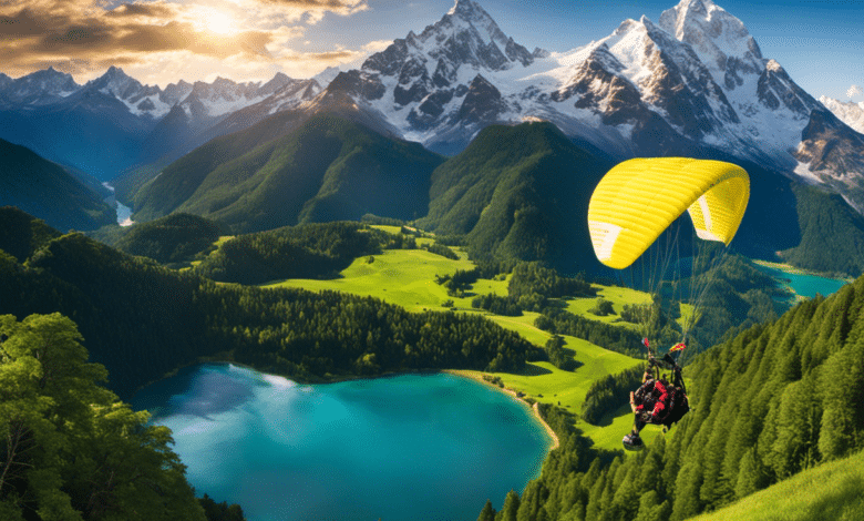 An image showcasing a majestic snow-capped mountain range as a backdrop, with adrenaline junkies paragliding through vibrant blue skies, surrounded by lush green forests and cascading waterfalls, representing the top 10 destinations for adventure seekers