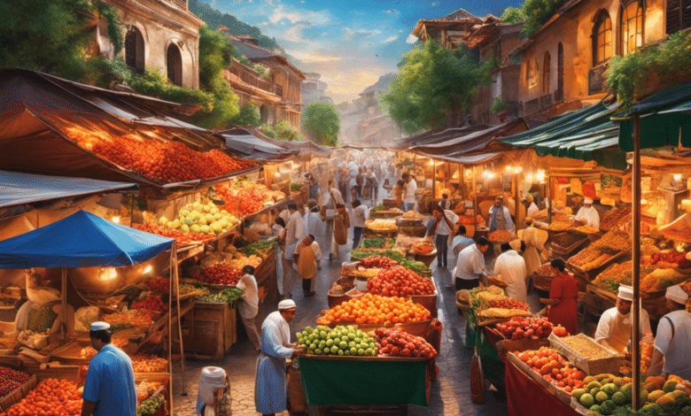 An image showcasing a bustling open-air market with colorful stalls overflowing with vibrant fruits, aromatic spices, and fresh seafood, enticing foodies with a visual feast that captures the essence of the 10 best culinary destinations