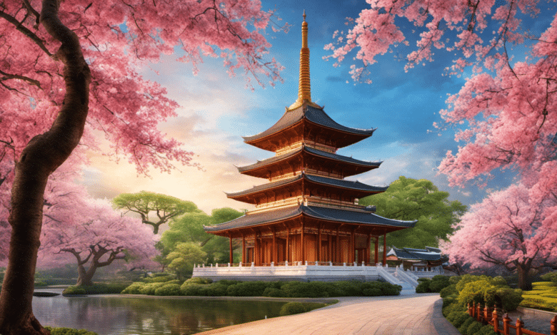 An image showcasing a vibrant tapestry of magnificent sights: a serene Japanese garden enveloped by cherry blossoms, a majestic Taj Mahal with its ivory-white beauty, and a bustling street market in Bangkok brimming with exotic colors and flavors