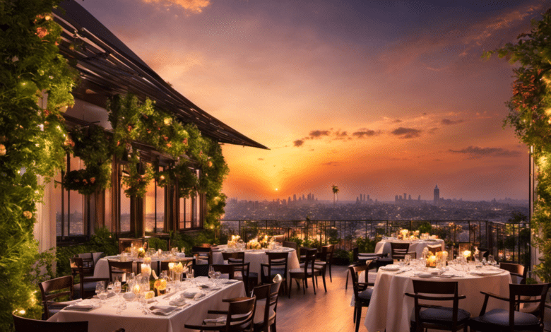 An image showcasing a breathtaking sunset view from a rooftop restaurant, with elegant tables adorned in flickering candlelight, surrounded by lush greenery, as diners savor delectable cuisine against a stunning cityscape backdrop