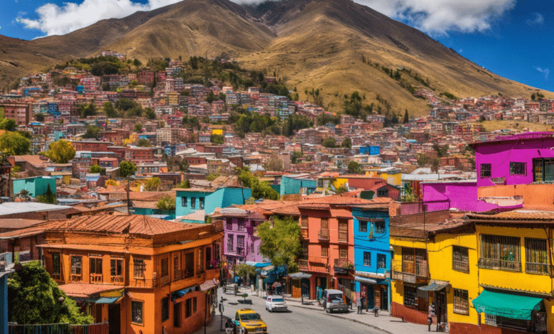 An image showcasing the vibrant streets of La Paz, Bolivia, with colorful houses cascading down the hills, locals selling their handicrafts, and the snow-capped Andes rising majestically in the background