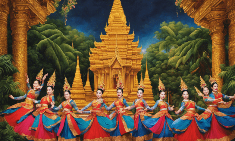 An image capturing a vibrant traditional Thai dance performance, with intricately adorned dancers gracefully moving in synchrony, adorned in colorful silk costumes, amidst a backdrop of ornate golden temples and lush tropical foliage