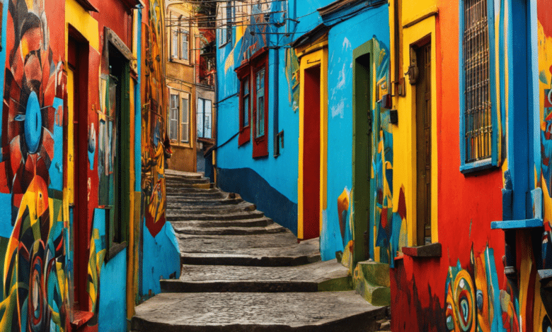 An image showcasing vibrant street art in the colorful alleys of Valparaiso, Chile
