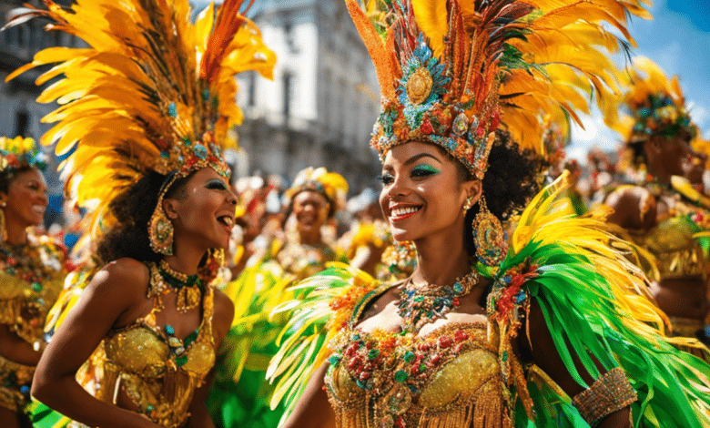 An image showcasing the vibrant colors of a Brazilian carnival parade, with families in awe of the elaborate costumes and floats, surrounded by joyful music and energetic dancing, capturing the spirit of family-friendly destinations in South America