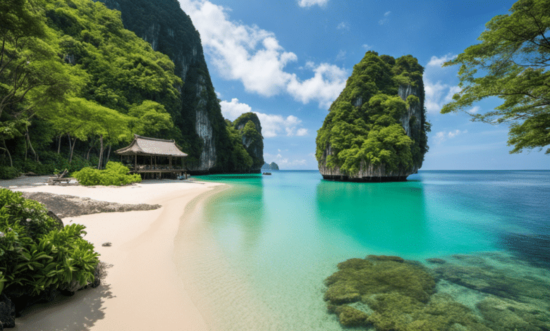 An image showcasing a hidden gem in Asia: a serene turquoise lagoon hidden amidst towering limestone cliffs, embraced by lush greenery and adorned with a secluded white sand beach