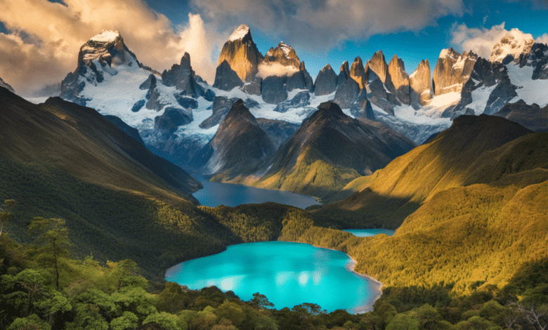 An image capturing the awe-inspiring landscapes of South America's outdoor wonders: a towering snow-capped Andean peak, a vibrant Amazon rainforest alive with exotic fauna, and a turquoise glacial lake nestled amidst Patagonia's dramatic granite spires