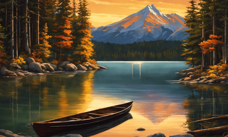 the tranquility of a secluded lakeside campsite nestled amidst towering pine trees, as the golden hues of a setting sun cast a warm glow over the crystal-clear waters and distant snow-capped mountains