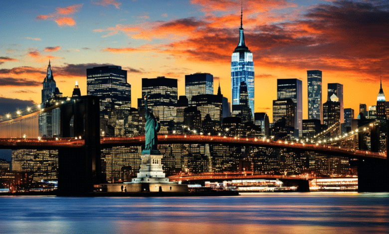 A vibrant image showcasing the iconic skyline of New York City, with its towering skyscrapers, illuminated bridges, and the Statue of Liberty standing proudly amidst the bustling streets, capturing the essence of the ultimate North American city break