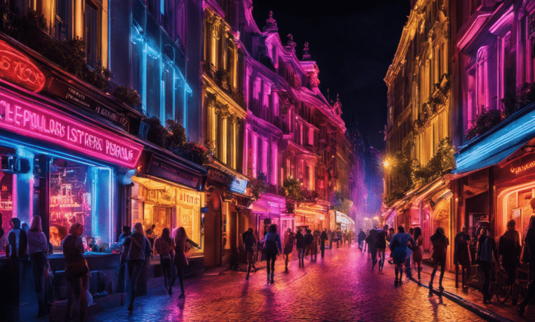 An image showcasing a vibrant, neon-lit street in Europe's clubbing capital