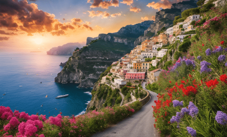 An image showcasing a picturesque coastal road flanked by vibrant wildflowers in bloom, winding through the dramatic cliffs of the Amalfi Coast, Italy