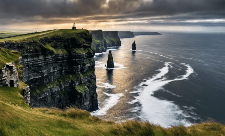 An image showcasing a solitary figure perched atop the majestic cliffs of the Cliffs of Moher in Ireland, overlooking the vast Atlantic Ocean, capturing the essence of a solo journey in Europe