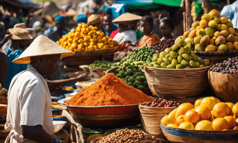 An image showcasing Africa's culinary delights: vibrant African markets bustling with exotic fruits, spices, and colorful street food stalls, while locals and travelers sample diverse dishes and sip on refreshing beverages
