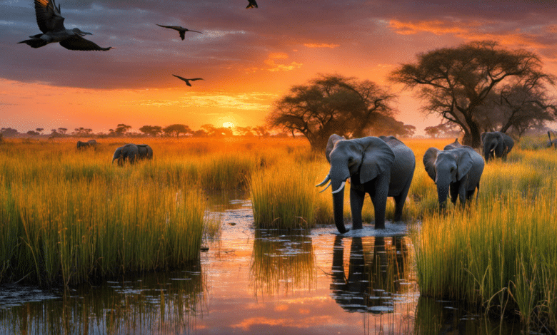 An image showcasing the enchanting Okavango Delta at dawn, with a herd of graceful elephants majestically wading through the crystal-clear waters, surrounded by vibrant reeds and colorful birds taking flight