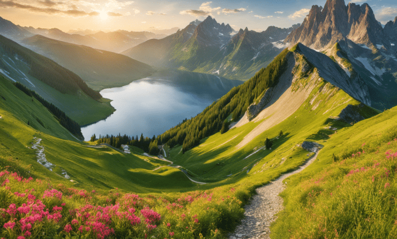An image showcasing Europe's diverse hiking destinations: a breathtaking mountain range backdrop with lush green meadows, meandering trails lined with vibrant wildflowers, and crystal-clear lakes nestled amidst towering forests