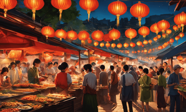 An image showcasing a bustling Asian night market, lit up with vibrant lanterns and sizzling with aromatic street food stalls serving steaming bowls of pho, sizzling satay skewers, and delectable dumplings