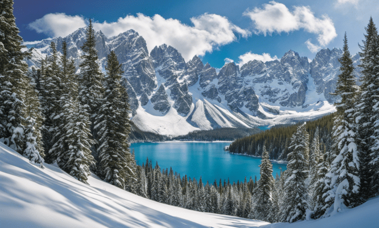 An image showcasing the majestic snow-capped peaks of the Rocky Mountains, adorned with skiers gracefully gliding down powdery slopes, framed by towering evergreen forests and a crystal-clear alpine lake in the foreground