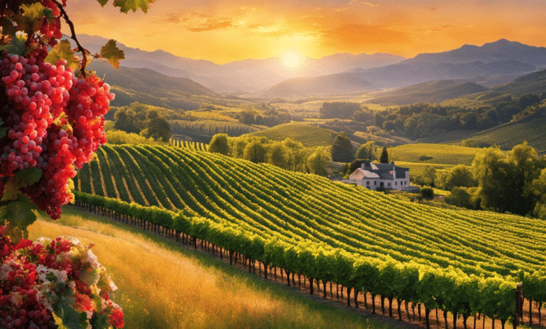 An image showcasing rolling vineyards nestled against majestic mountains, with rows of lush grapevines basking in the golden sunlight