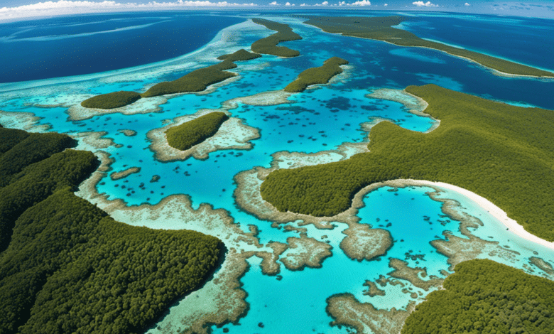 An image showcasing a breathtaking aerial view of the Great Barrier Reef, where vibrant coral formations contrast against crystal-clear turquoise waters, inviting adventure seekers to explore this iconic Australian wonderland