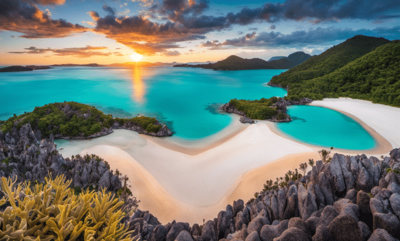 An image showcasing a sunset over the iconic heart-shaped reef pool in Whitsunday Islands, with a couple holding hands on a secluded white sandy beach, surrounded by crystal-clear turquoise waters