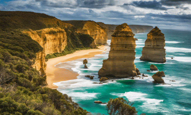 An image that captures the rugged beauty of the Great Ocean Road, showcasing a lone traveler standing atop the iconic Twelve Apostles, surrounded by breathtaking coastal cliffs and turquoise waters