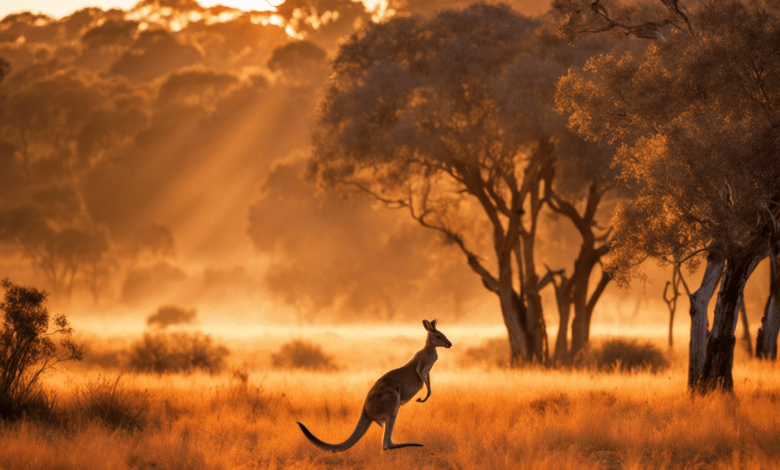 Htaking image of a kangaroo gracefully hopping across a golden outback landscape, with the vibrant orange hues of the setting sun casting a warm glow, inviting wildlife lovers to explore Australia's vast and diverse natural wonders