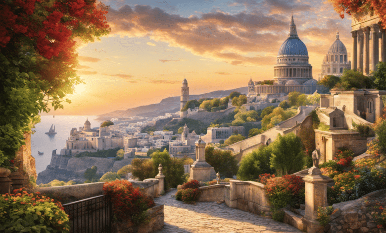 E an image showcasing iconic landmarks such as the Eiffel Tower, Colosseum, Big Ben, Sagrada Familia, and Santorini's blue-domed churches, blended harmoniously in a picturesque European landscape