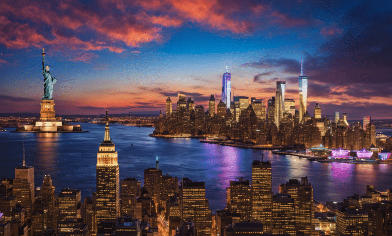 An image featuring a vibrant sunset casting a warm glow over the iconic skyline of New York City, with the Statue of Liberty standing tall amidst the bustling cityscape, capturing the allure of North America's top destinations in 2023
