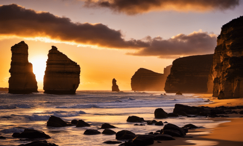 the vibrant spirit of Australia's budget-friendly adventures in an image: a group of backpackers hiking along the breathtaking coastline, their silhouettes illuminated by the golden sunset, as they marvel at the iconic Twelve Apostles
