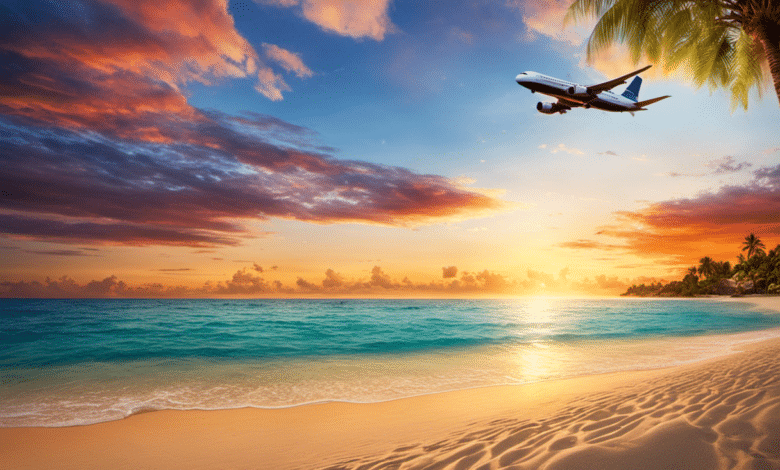 An image showcasing a sunny beach with a vibrant sunset backdrop, as a plane soars gracefully above