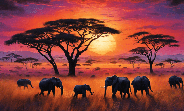 An image showcasing a breathtaking African sunset, casting vibrant hues of orange, pink, and purple across the vast Serengeti plains, where a herd of elephants gracefully traverse the golden savannah under a clear, star-studded sky