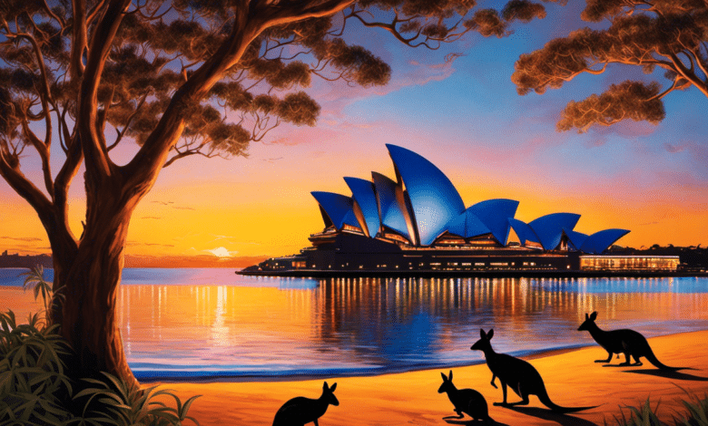 the vibrant hues of a mesmerizing Australian sunset over the iconic Sydney Opera House, with silhouettes of kangaroos hopping across Bondi Beach, all against a backdrop of lush eucalyptus trees and golden sand