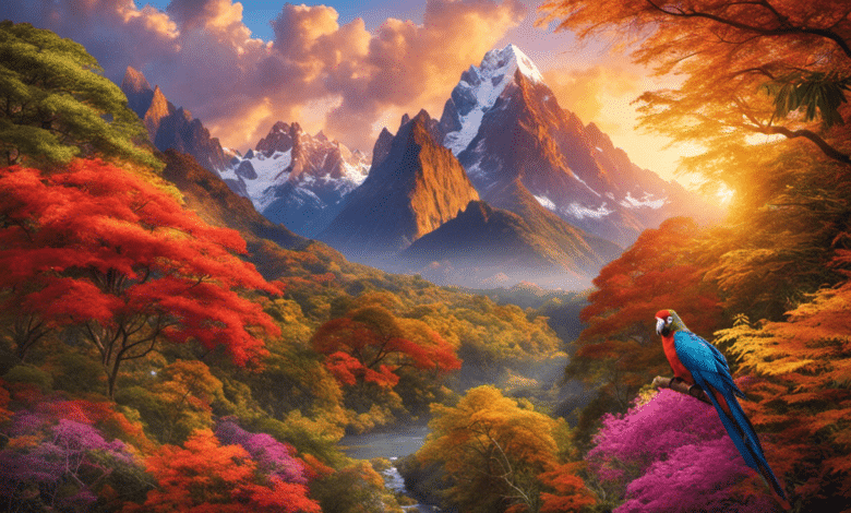An image showcasing the vibrant hues of South America's autumn: a golden sun setting over the Andes, casting warm tones on the Amazon rainforest, as colorful parrots soar amidst blooming jacaranda trees