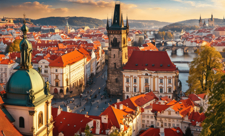 An image showcasing the vibrant streets of Prague, with its colorful baroque buildings and iconic Charles Bridge, bustling with budget travelers exploring the city's rich history and culture