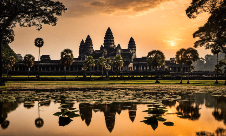 a serene moment at the mesmerizing Angkor Wat, Cambodia, as the sun rises, casting its golden glow on the intricate temple ruins, surrounded by a tranquil reflection in the lotus-filled moat