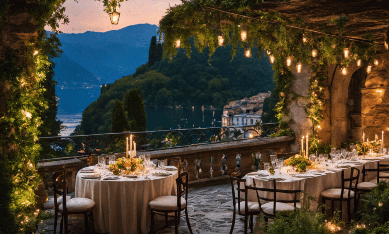 An image showcasing a candlelit dinner for two on a secluded stone terrace overlooking the sparkling waters of Lake Como, surrounded by lush greenery and a backdrop of majestic snow-capped Alps