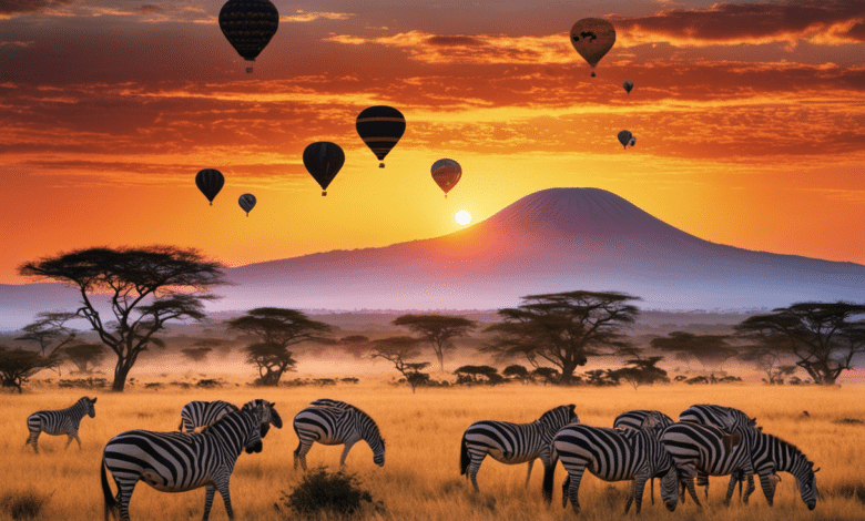 An image capturing the awe-inspiring sight of a hot air balloon gliding over the sweeping Serengeti plains at sunrise, with vibrant hues painting the sky, zebras galloping below, and the silhouette of majestic Mount Kilimanjaro in the distance