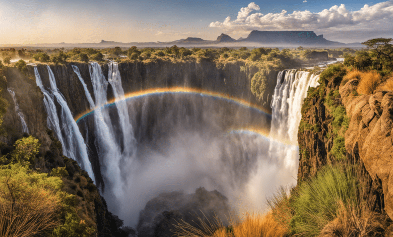 An image showcasing the majestic Victoria Falls, the towering sand dunes of the Namib Desert, the vibrant Maasai Mara Reserve, and the iconic Table Mountain, among other breathtaking African destinations