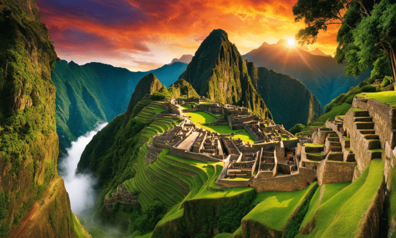An image showcasing the vibrant diversity of South America: a panoramic view of Machu Picchu's ancient ruins nestled amidst lush green mountains, framed by a cascading waterfall and exotic wildlife, all under a vivid sunset sky