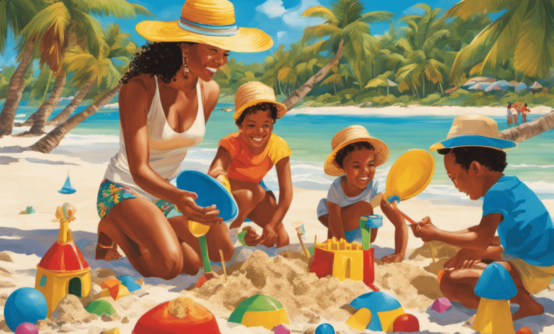 An image of a diverse family on a sandy beach, happily building sandcastles under a vibrant, azure sky